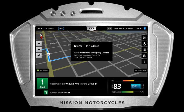 2013 mission motorcycles rs first ride, Among the many dashboard display options one of the more unique is its fully integrated GPS with Bluetooth capability Mission is also developing a helmet with HUD Head s Up Display functionality that will fully integrate with the bike and give you turn by turn navigation