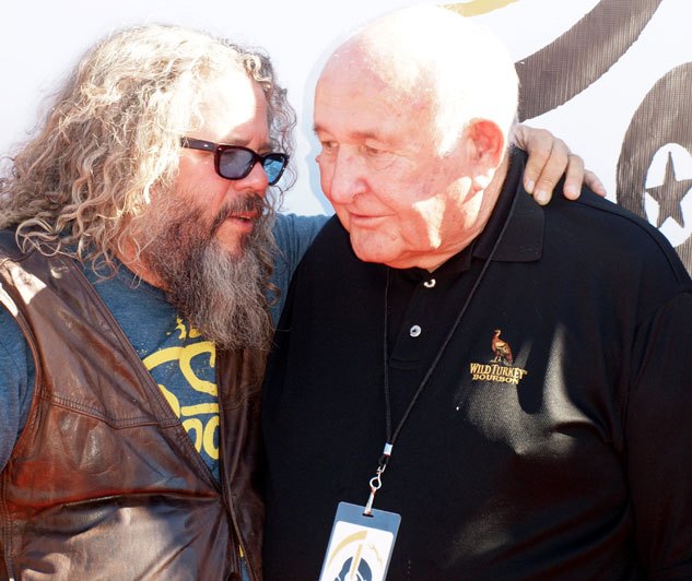 sons of anarchy third annual boot ride rally, SOA s Bobby Munson Mark Boone Jr confers with Wild Turkey s master distiller Jimmy Russell who has been brewing the Kentucky bourbon for more than 50 years