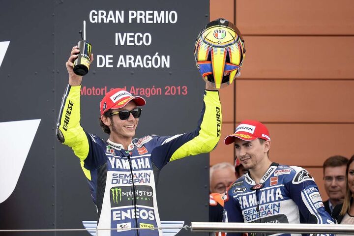 motogp aragon 2013 results, Valentino Rossi was all smiles after earning another podium For Jorge Lorenzo however the result was not as welcoming