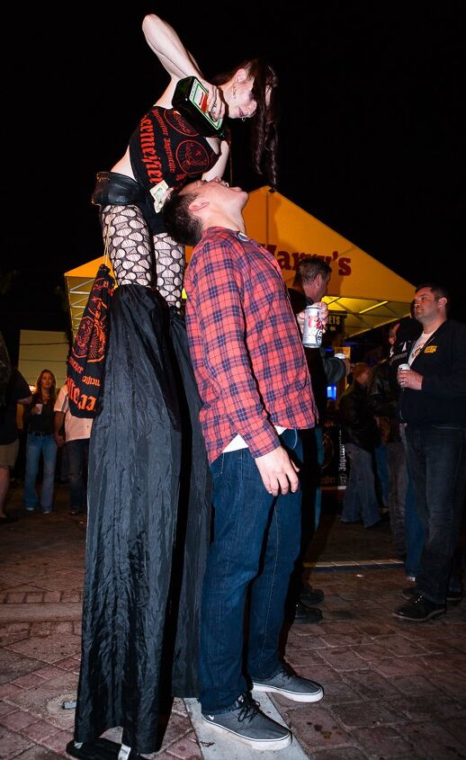 2014 daytona bike week mid week update, This leggy lady dispensing Jagermeister shots was quite popular amongst the folks at Dirty Harry s Hopefully they weren t riding