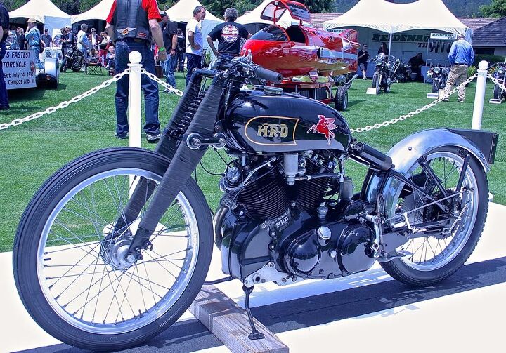 2014 quail motorcycle gathering, Rollie Free s record setting Vincent Black Lightning 150 mph in 1948 with rider wearing an early Speedo and slippers Now owned by California collector Chip Connor