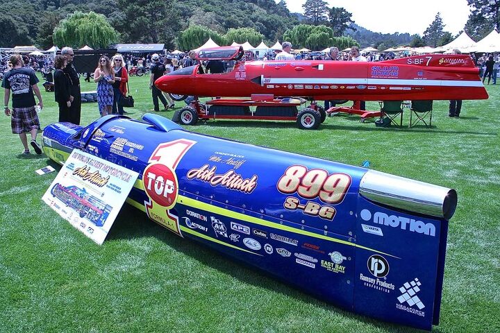 2014 quail motorcycle gathering, The World s Fastest Motorcycle Ack Attack 376 mph Powered by Suzuki built by Mike Akatiff and piloted by Rocky Robinson In the background the BUB steamliner built by Denis Manning former record holder at 367 mph