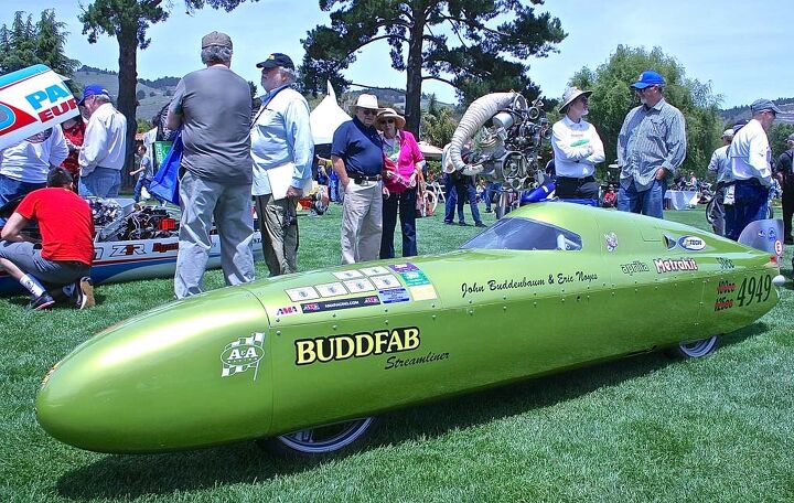 2014 quail motorcycle gathering, The Buddfab streamliner built by John Buddenbaum and Eric Noyes holds records in the 50 100 and 125cc FIM classes the latter at 187 6 mph