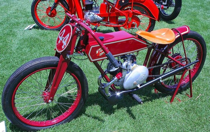 2014 quail motorcycle gathering, Owner Vincent Schardt presented a 1948 James powered by a Villiers engine with distinctive respiration system