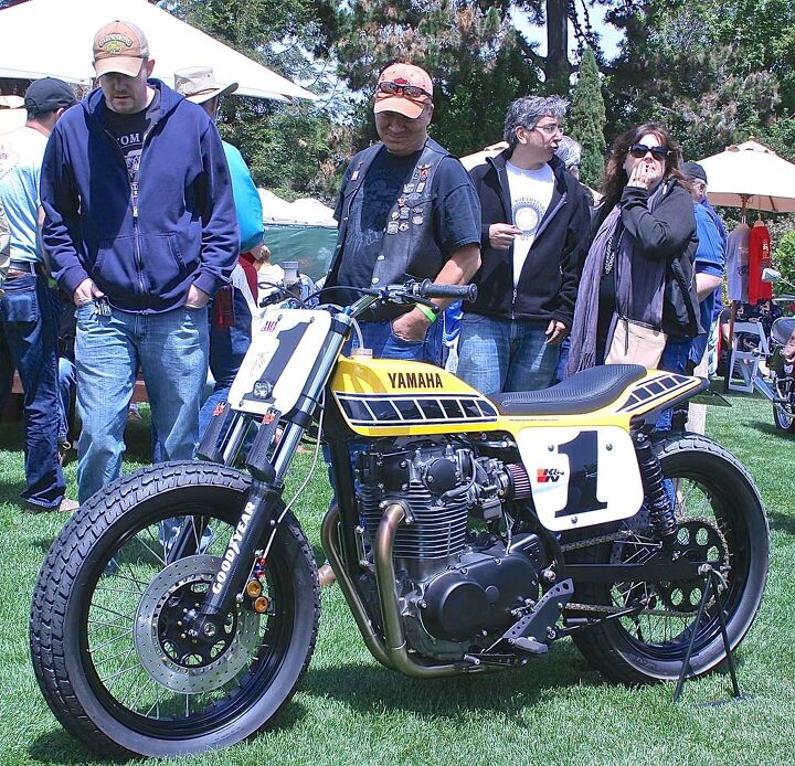 2014 quail motorcycle gathering, Jeff Palhegyi s steet legal version of Kenny Roberts Yamaha 750 dirt tracker drew more than a few admiring looks