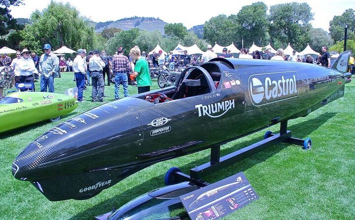 2014 quail motorcycle gathering, The latest Triumph powered LSR shell the Castrol Rocket employs two turbocharged Rocket III engines and makes 1000 horsepower The 25 5 foot bullet will shoot for 400 mph with racer Jason DiSalvo at the controls