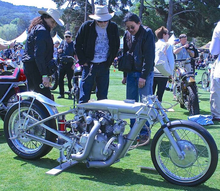 2014 quail motorcycle gathering, Serious intent is displayed by the 1949 Vincent Rapide dragster entered by John S Stein