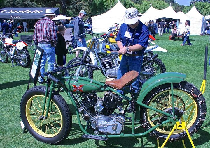 2014 quail motorcycle gathering, Competition class Judge Richard Yamane looks over a rare 1930 Excelsior factory hillclimber entered by Bob and Linda Primmer