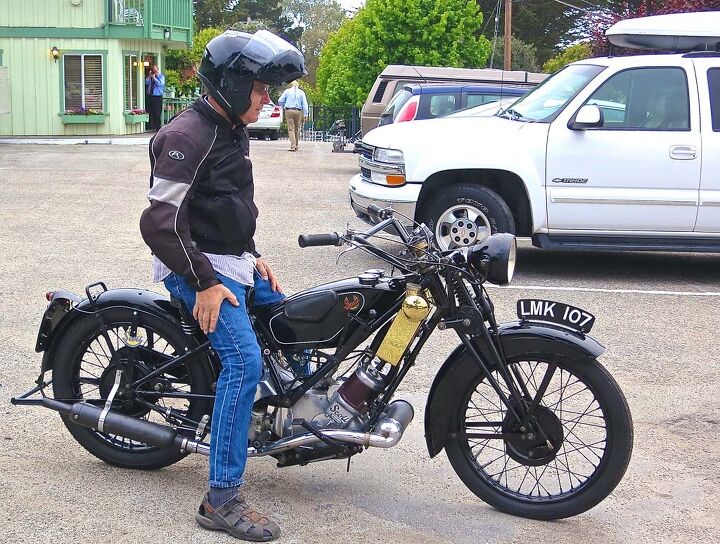 2014 quail motorcycle gathering, Lynn Upham heads for the show ground on his 1927 Scott Flying Squirrel The water cooled two stroke won the Quail Ride Award