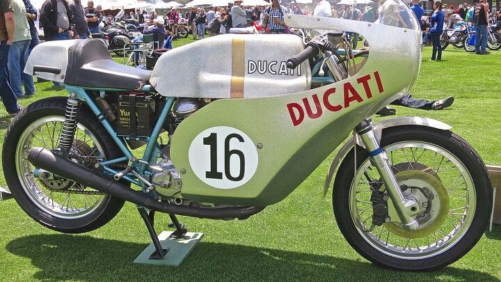 2014 quail motorcycle gathering, The 1972 Ducati 750 Imola racer was winner Paul Smart s backup bike Raced for a few years thereafter in various countries it settled in Santa Barbara with devout Ducatista John L Stein