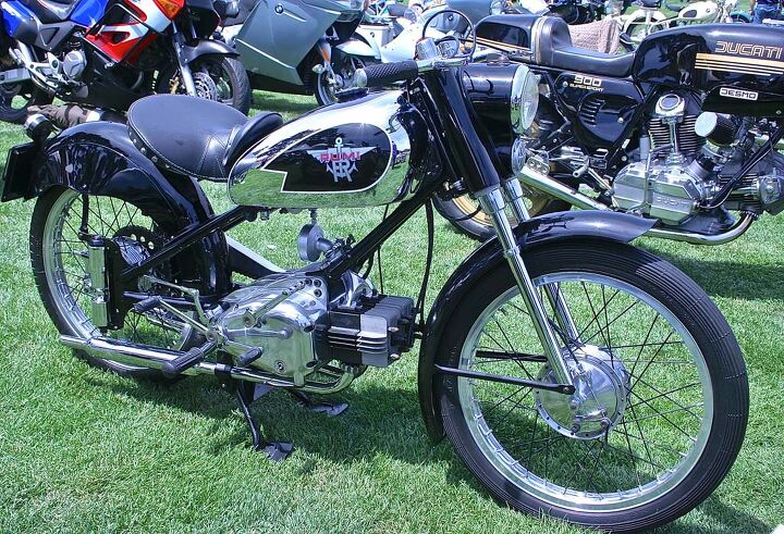 2014 quail motorcycle gathering, John Goldman s neat little 1950 Rumi 125 twin was awarded first place in the European class