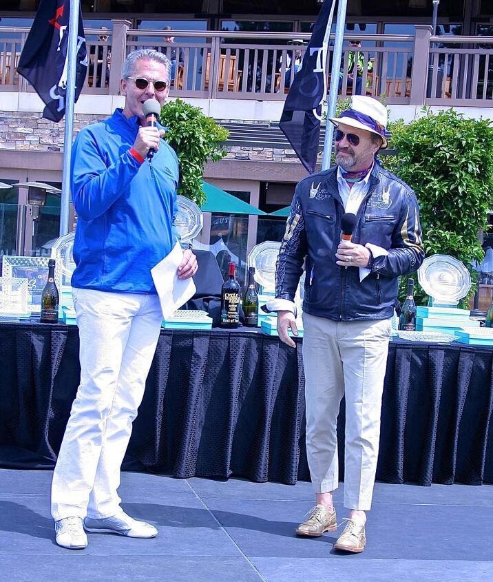 2014 quail motorcycle gathering, Director Gordon McCall left introduces MC Paul d Orleans moto historian and fashion maven One wag tagged his ensemble stingy brim hat gold flamed leather jacket flood pants and gold shoes Michael Jackson meets Pee Wee Herman