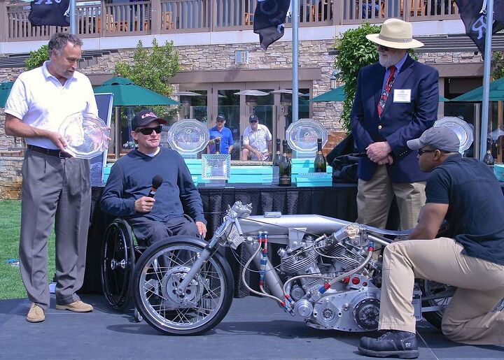 2014 quail motorcycle gathering, Former World Champion Wayne Rainey presents the Significance in Racing Award to John S Stein for the 1950 Vincent HRD drag bike