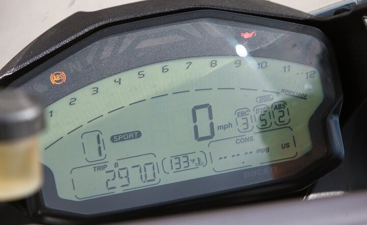 2014 super middleweight sportbike shootout video, The Ducati s modern instrument panel includes information that s easy to read at a glance The shift lights atop the tach not visible here are anything but ambiguous