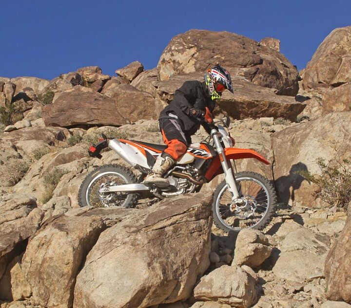 2014 open class dual sport smackdown beta 520 rs vs ktm 500 exc, The KTM s light and precise steering and nimble chassis make picking through technical sections such as this rock garden a lot of fun