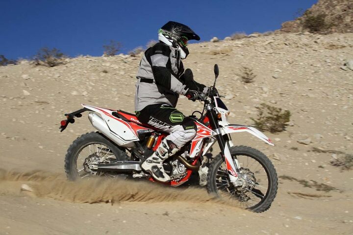2014 open class dual sport smackdown beta 520 rs vs ktm 500 exc, While the Beta 520 RS chassis is stable in hardpack its steering is less precise in deep sand and gives away the Beta s 10 7 lb weight disadvantage to the KTM 500 EXC with a full fuel load and the KTM holds 0 3 gallon more fuel