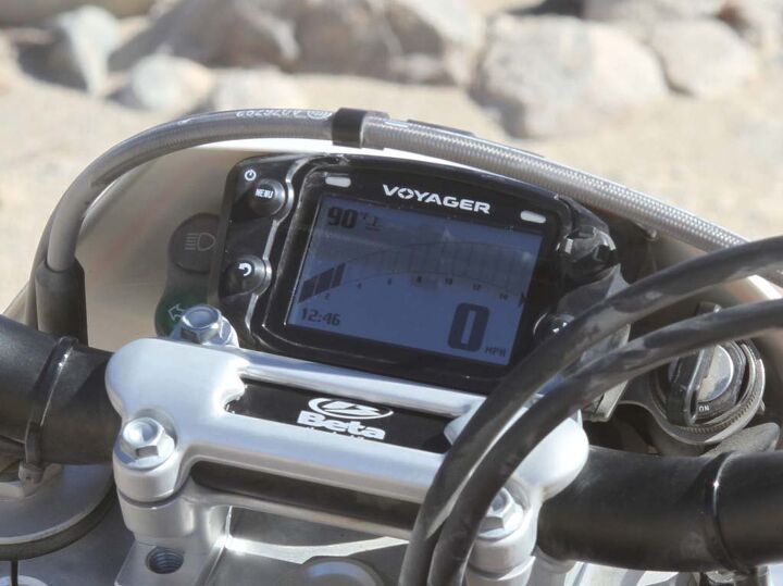 2014 open class dual sport smackdown beta 520 rs vs ktm 500 exc, The Beta s Trail Tech Voyager GPS instrument panel is one of our favorite highlights on the 520 RS It s flat awesome