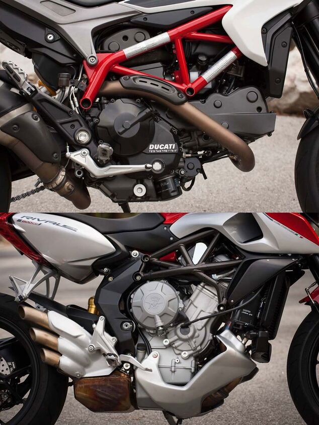 mega motard shootout 2014 ducati hypermotard sp vs mv agusta rivale video, Ducati claims 110 crank hp 9250 rpm and 65 8 ft lb of torque at 7 750 rpm for the Hypermotard SP while MV claims 125 crank hp at 12 000 rpm and 62 ft lb of torque at 8 600 rpm