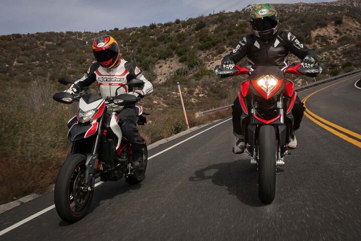 mega motard shootout 2014 ducati hypermotard sp vs mv agusta rivale video, With 5 12 inches of travel in the MV s Sachs shock and 5 9 inches from its Marzocchi fork the Rivale s suspension is simply less tarded than the Hyper s 6 9 inches of travel from its Ohlins shock and 7 3 inches from its Marzocchi fork