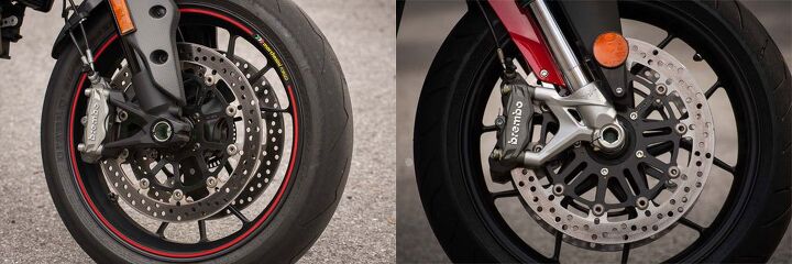 mega motard shootout 2014 ducati hypermotard sp vs mv agusta rivale video, Stopping power is plentiful from either bike as both are fitted with Brembo calipers However we thought the Rivale s pads to be on the aggressive side for our tastes