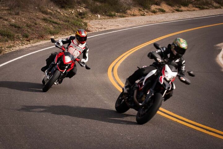 mega motard shootout 2014 ducati hypermotard sp vs mv agusta rivale video, Both bikes are evenly matched in the handling department though the MV Agusta has the legs when the road straightens