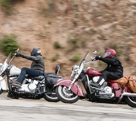 leather baggers shootout cruisers for the open road video, The pushrod set was represented by the Chief Vintage and the Heritage Softail Classic The Indian with its largest of the test displacement and associated torque easily rolled away from the Harley