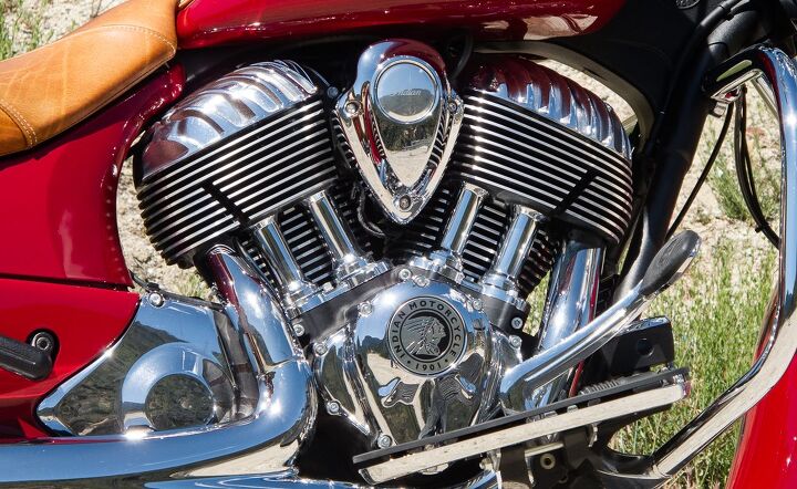 leather baggers shootout cruisers for the open road video, The Chief s engine is one of the prettiest powerplants ever bolted to a motorcycle Its slow revving nature and prodigious amounts of bottom and mid range torque are perfectly matched to its heavy weight cruiser persona