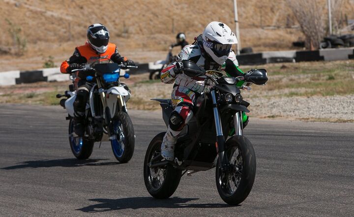 electric vs gas supermoto shootout, This is what it looked like for the first three laps Troy and I rode together The Zero was able to step away from the 398cc DR Z as if the Suzuki had leprosy Then the Zero s motor would overheat power would diminish and the ICE bike would catch and pass the electric bike Classic hare and tortoise stuff