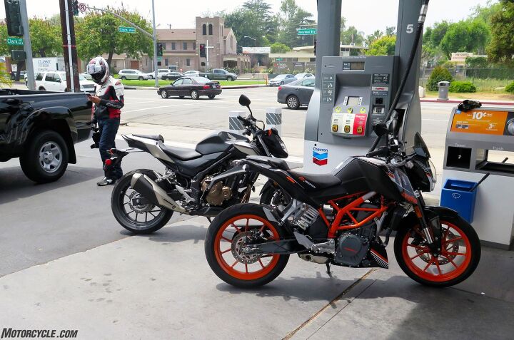 little tearers comparison honda cb500f vs ktm 390 duke, You won t be having to stop for gas much on either of these