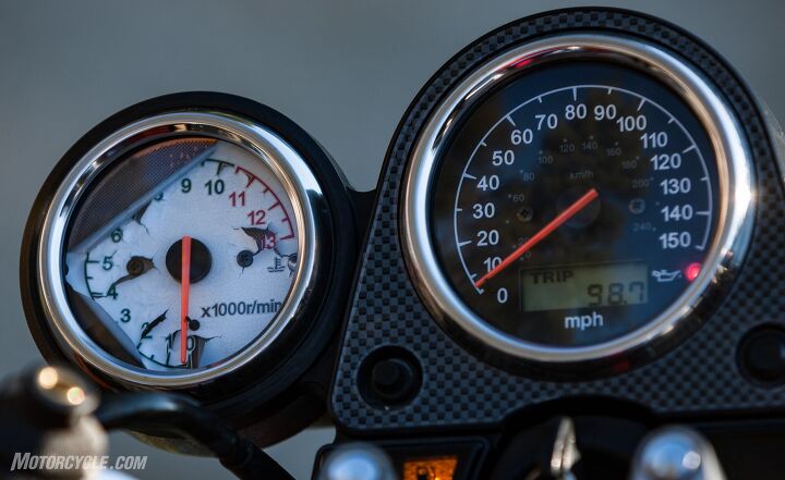suzuki s sv650 takes on the competition, Despite the backing coming off from the 1999 SV650 s tach there s something special about the simplicity and functionality of a pair of analog gauges