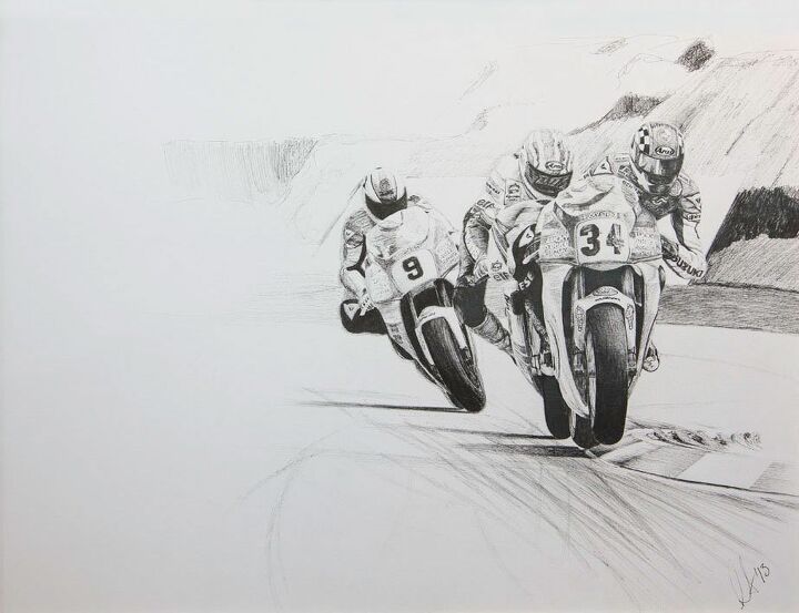 the man behind the easel motorsports artist alex wakefield, One of Wakefield s favorite riders this illustration of Kevin Schwantz powering out of the first chicane at the Salzburgring rates high as one of the artist s favorite pieces
