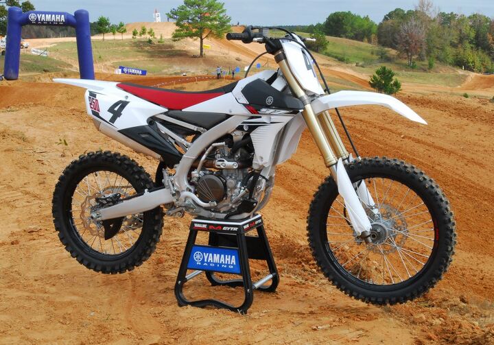 2014 yamaha yz250f review, Our test unit at Monster Mountain carried Yamaha s optional white red black graphics scheme with black anodized rims It s a sharp looks match its on track performance