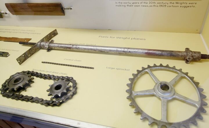 the wings tour 2014 leg two, The Wrights used parts and technology designed for their bicycles like these sprockets and chains that provided power to the propellers of their 1903 flyer