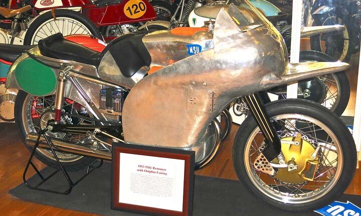 solvang vintage motorcycle museum, The NSU Rennmax won both the 125 and 250cc world championships in 1953 and 54 The so called dolphin fairing was replaced by the fully enclosing dustbin fairing which was banned a few years later