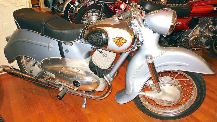 solvang vintage motorcycle museum, Known mostly for enduro and motocross bikes Maico s 1957 Typhoon was a road model with art deco streamlining