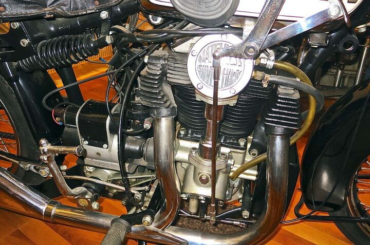 solvang vintage motorcycle museum, The 1933 Matchless Silver Hawk had a bevel drive overhead cam V 4 in a common cylinder casting Swingarm suspension with shocks below seat
