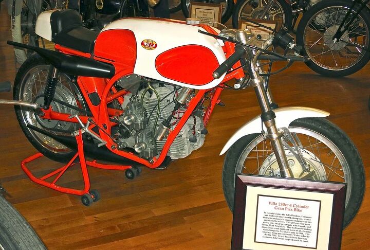solvang vintage motorcycle museum, Francesco and Walter Villa built a V Four 250cc 2 stroke in the mid sixties just before the FIM limited the class to Twins