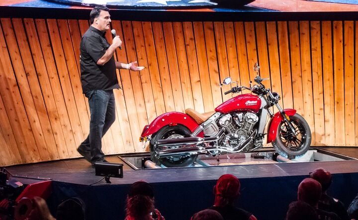 sturgis 2014 wrap up, Vice President of Indian Motorcycle Steve Menneto tells an eager crowd about the Scout