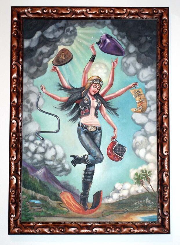 vroom the art of the motorcycle, An oil painting by Sara Kay of a biker girl shows a hint of the many armed Shiva and Botticelli s Venus Rising one example of the exhibit s motorcycle inspired artwork created in different mediums