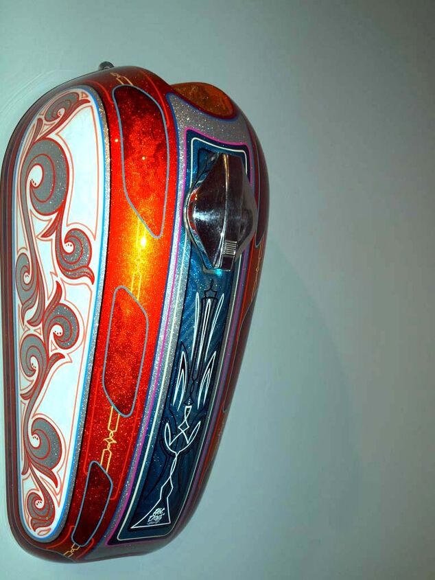 vroom the art of the motorcycle, Norton gas tank painted by Pete Hot Dog Finlan