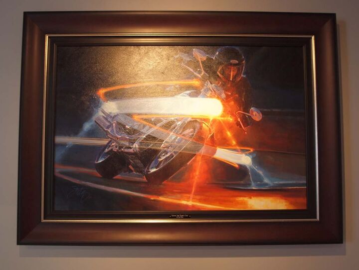 vroom the art of the motorcycle, Riding the Comet s Tail oil painting by Tom Fritz captures a V Rod blasting through the twisties at night