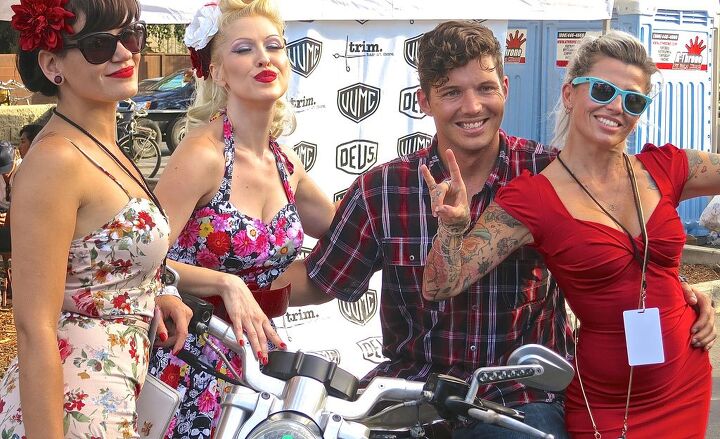 venice vintage motorcycle rally, Kyle McClure of Bartels Harley Davidson finds himself surrounded by babes dressed the way his grandmother did