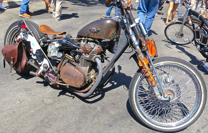 venice vintage motorcycle rally, Yet another application of the Yamaha XS650 complete with skateboard carrier Jesus decal on the tank says Praise the Lowered