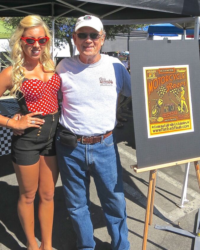 venice vintage motorcycle rally, The author does his part to promote AMA Flat Track racing in Pomona Always glad to help out