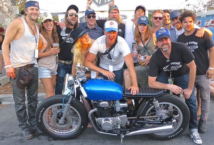 venice vintage motorcycle rally, The winner of the custom Honda CB350 raffle bike celebrates with a few friends