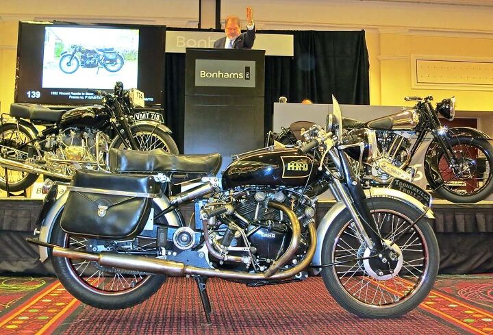 2015 bonhams motorcycle auction, Vincent values cover a broad span of the range of models and condition This Rapide with a Black Shadow spec engine heard the gavel at 47 150