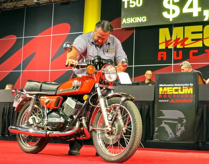 2015 mecum midamerica motorcycle auction, The affordability scale and range of machines is considerably more broad at the Mecum show This 1975 Yamaha RD350 with a claimed 3 000 miles was bid to 5 000 But the owner passed