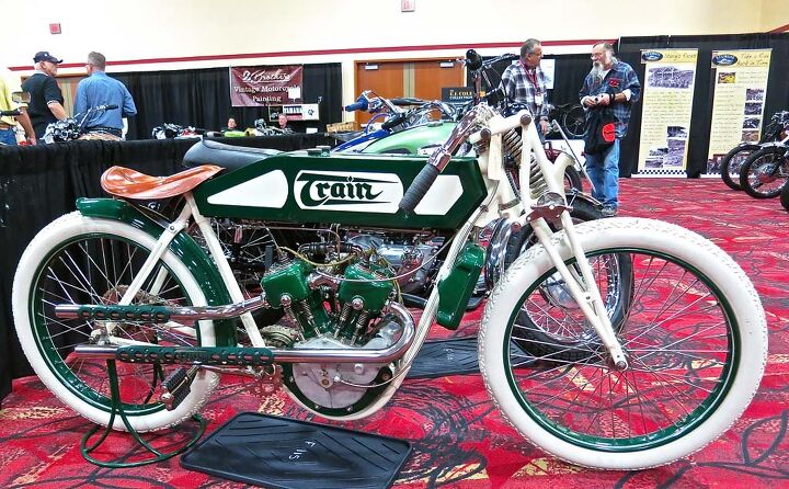 2015 mecum midamerica motorcycle auction, Yet another obscure European racer was the 1913 Train V Twin set up in board track trim The stylish machine went for 28 000