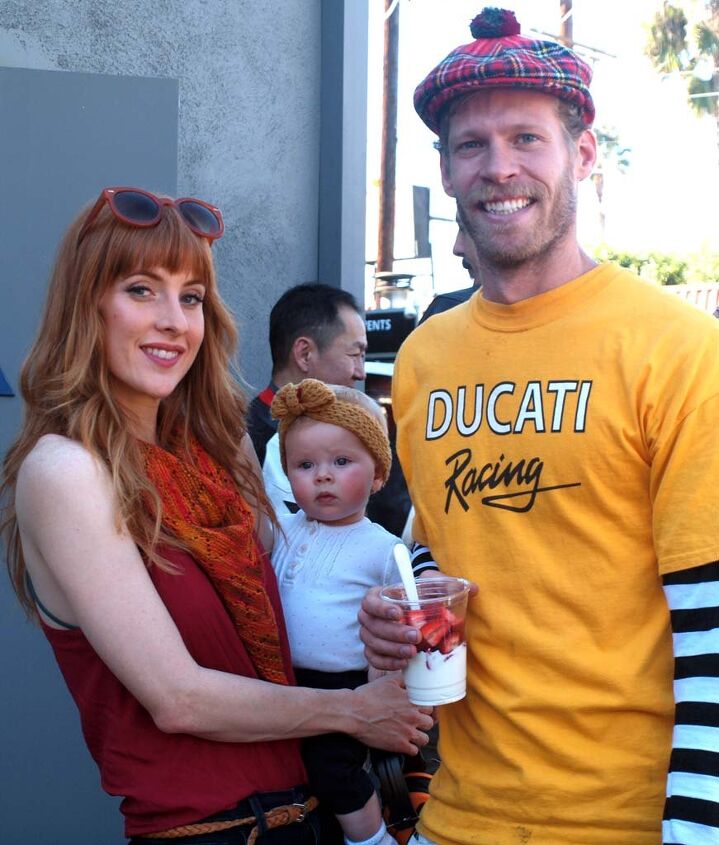raduno italia dancing with ducs at deus ex machina, Organizer of the event and mover and shaker behind all the buzz and posters and event perks is Deus crewmember Nevin Pontiouf seen here with his wife Scarlett and baby girl Clementine Asked about the tartan headwear which seems a bit Scottish Nevin laughs and says It s the only thing with some red in it that I could find