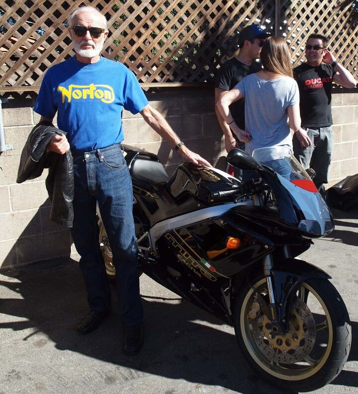 raduno italia dancing with ducs at deus ex machina, The T shirt might say Norton and the bike might say Cagiva but professional musician John Zainer has a unique hybrid here It began life as a 2007 125cc water cooled 2 stroke Cagiva Mito which apes the styling of a Ducati 916 but Zainer upgraded the powertrain with a Honda CRF450X motor making about 50 horses in a bike that weighs 280 lbs In Italian or Japanese it translates to serious giggle fun